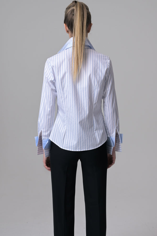 White with Light Blue Stripes Shirt - Farinaz Taghavi